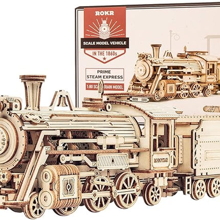 ROKR 3D Wooden Puzzle for Adults-Mechanical Train Model Kits-Brain Teaser Puzzles-Vehicle Building Kits-Unique Gift for Teens on Birthday/Christmas Day(1:80 Scale)(MC501-Prime Steam Express)