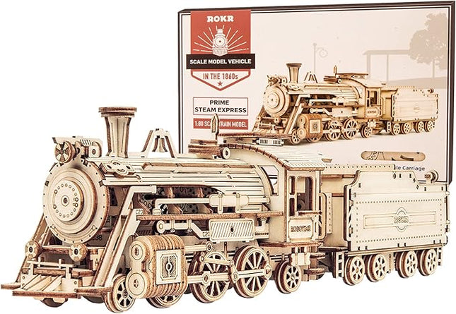 ROKR 3D Wooden Puzzle for Adults-Mechanical Train Model Kits-Brain Teaser Puzzles-Vehicle Building Kits-Unique Gift for Teens on Birthday/Christmas Day(1:80 Scale)(MC501-Prime Steam Express)