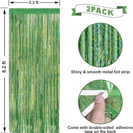2 Pack Laser Green Foil Fringe Curtains Streamers Party Decorations 3.3 x 8.2 ft, Tinsel Curtain Fringe Backdrop for Parties, Door Fringe Birthday Streamers, Photo Booth Backdrops, Party Decor