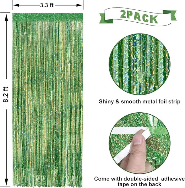 2 Pack Laser Green Foil Fringe Curtains Streamers Party Decorations 3.3 x 8.2 ft, Tinsel Curtain Fringe Backdrop for Parties, Door Fringe Birthday Streamers, Photo Booth Backdrops, Party Decor