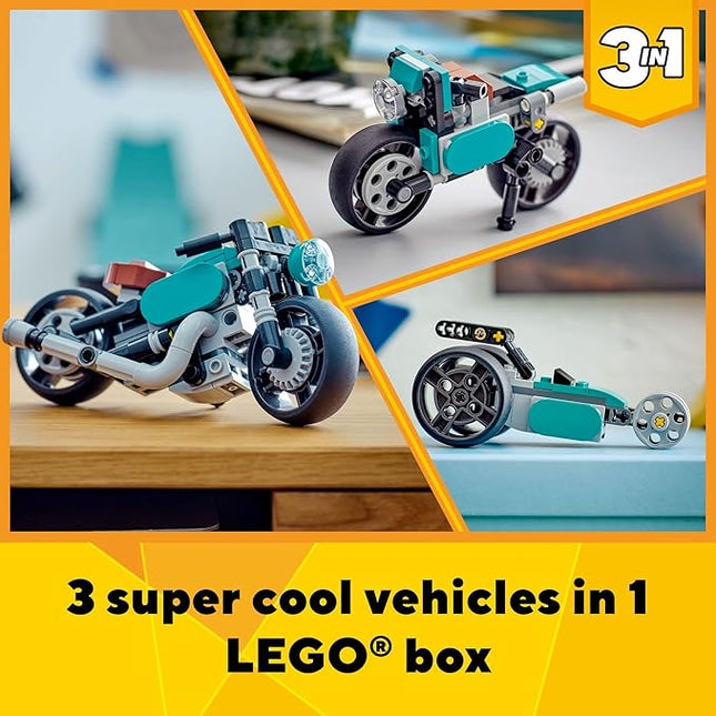 LEGO Creator 3 in 1 Vintage Motorcycle Set, Transforms from Classic Motorcycle Toy to Street Bike to Dragster Car, Vehicle Building Toys, Great Gift for Boys, Girls, and Kids 8 Years Old and Up, 31135