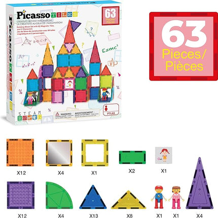 PicassoTiles 63pc Magnetic Tile Building Block Set with 2 Character Figures STEM 3D Construction Educational Toy for Kid Toddlers Boys Girls Age 3 Plus Montessori Learning Playset Creativity Kit PTL63