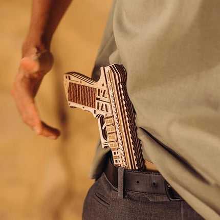 Wood Trick Defenders Gun 3D Wooden Puzzles for Adults to Build - Shoots up to 13 ft - 2 Clips - 9x5 in - Wooden Model Kits for Adults - 14+