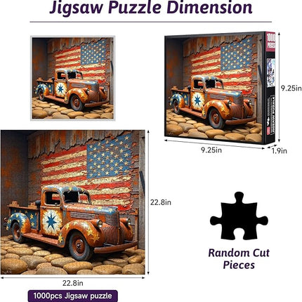Vintage Truck Jigsaw Puzzle - 1000pcs Large Paper Puzzle for Adults, Rustic American Flag Design, DIY Home Decor & Brain Teaser Game, for Holidays & Family Fun, Vintage Truck Theme