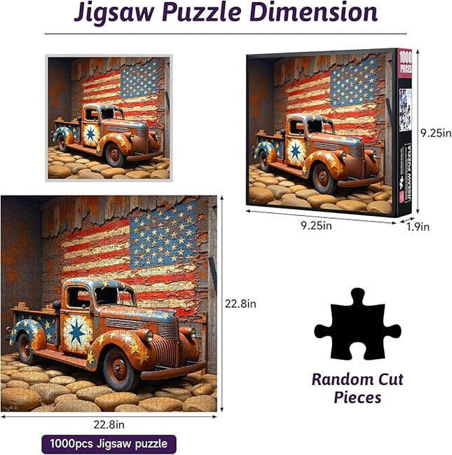 Vintage Truck Jigsaw Puzzle - 1000pcs Large Paper Puzzle for Adults, Rustic American Flag Design, DIY Home Decor & Brain Teaser Game, for Holidays & Family Fun, Vintage Truck Theme