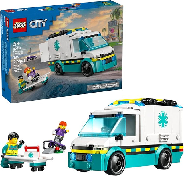LEGO City Emergency Ambulance Toy - Building Sensory Toy for Kids, Boys and Girls, Ages 5+ - Educational, Learning Gift Idea for Birthdays and Holidays - Skateboarder and Driver Minifigures - 60451