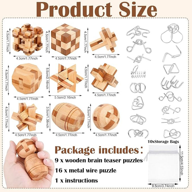 25 Pcs Wooden Brain Teaser Puzzles Metal Wire Puzzle Set, 3D Unlock Interlock Game IQ Test Toy Mind Game Toys Brain Teaser Toy Puzzle for Adults