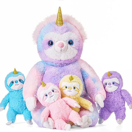 IKASA Mommy Sloth Stuffed Animal Mom and Baby Plush Toy,Cute 20" Soft Small Fluffy Mama Family Set with Little Mini Babies,Gifts for Kids