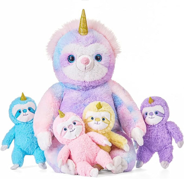 IKASA Mommy Sloth Stuffed Animal Mom and Baby Plush Toy,Cute 20" Soft Small Fluffy Mama Family Set with Little Mini Babies,Gifts for Kids