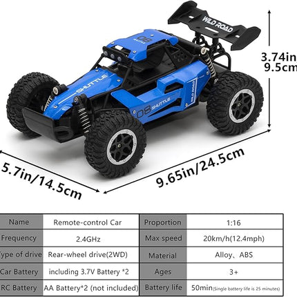 Remote Control Car RC Cars 1:16 All Terrain Monster Truck LED Headlights, Outdoor 2WD Off Road Hobby RC 2.4GHz High Speed, 20Km/h RC Car Toys Gift for Kids Boys 3 4 5-12 (Blue)