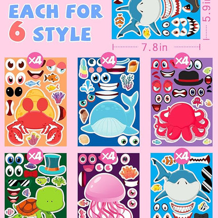 24 Pcs Make Your Own Sea Animal Sticker Sheets for Kids with Animal Party Favors Face Stickers for Toddlers Crafts Activities Gift Bags Birthday Party Favors for Kids