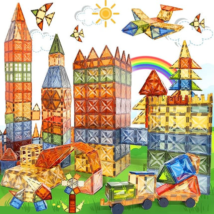 120 PCS Magnetic Tiles, Diamond Magnet Tiles with 2 Cars Magnetic Blocks STEM Toys 3D Kids Preschool Educational Sensory Toys Gift for Toddlers Kids Boys Ages 3 4 5 6 7 8 9+ Year Old