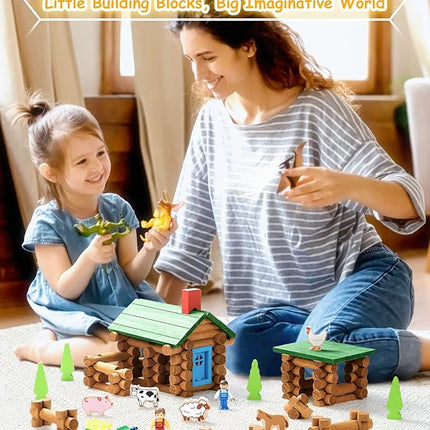 SainSmart Jr. Wooden Log Cabin Set Farm Building House Toy for Toddlers, 122 PCS Classic STEM Construction Kit with Colorful Wood Logs Blocks for 3+ Years Old