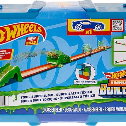 Hot Wheels Toy Car Track Set, Track Builder Toxic Super Jump Playset with 1:64 Scale Vehicle & 10 Component Parts in Modular Storage Box