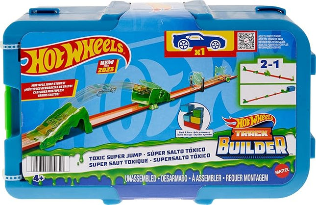 Hot Wheels Toy Car Track Set, Track Builder Toxic Super Jump Playset with 1:64 Scale Vehicle & 10 Component Parts in Modular Storage Box