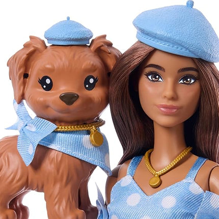 Barbie Twinning Looks Doll with Pet Dog in Matching Blue Polka Dot Clothes and Accessories for Both Like Berets and Purses, Brown Hair
