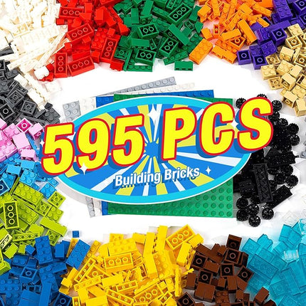 595 Pieces Building Bricks, Building Bulk Block with 4 Packs 5" x 5" Stackable Plates and 46PCS Wheel Accessory - Compatible with All Major Bricks, Gfits for Kids - 18 Shape/16 Color