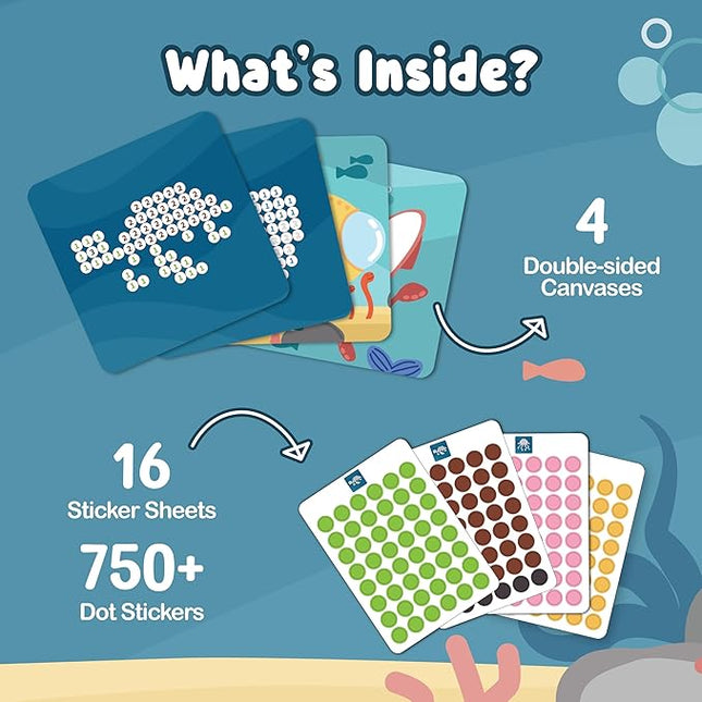 BINCA Dotties Dot Art Activity Kit, 750+ Stickers, Underwater Animals Mess-Free Activities, DIY Dot Sticker Art for Toddlers, Kids Travel Activities, Craft Kits & Gifts for Boys & Girls Ages 4,5,6,7