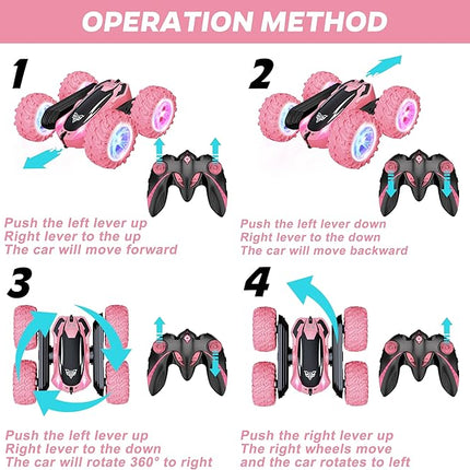 Remote Control Car, 2.4GHz RC Stunt Car, Double Sided 360° Rotating RC Cars with LED Headlight & LED Wheel, High Speed Off Road RC Crawler Xmas Gift for 3 4 5 6 7 8-12 Year Old Girls Toys (Pink)