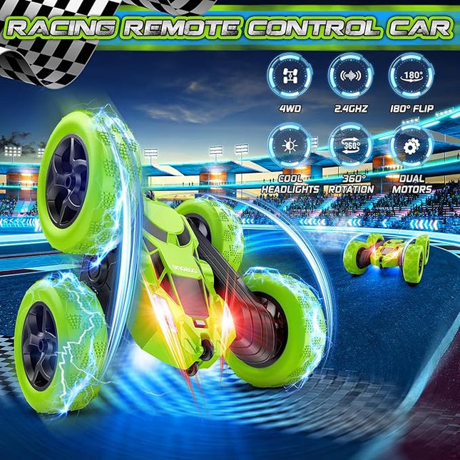 Remote Control Car - RC Car Toys for Boys - 4WD 2.4Ghz Double Sided 360° Rotating RC Cars, Birthday Gifts for Kids Age 6 7 8-12 for Boys and Girls- Green