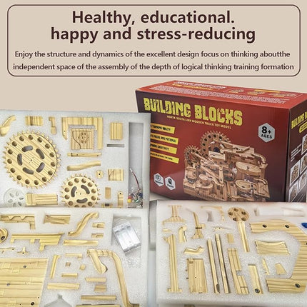 Wooden Marble Run Building Set, Electric Motorized, 75 Blocks, 15 Marbles, 3D Brain Teaser Construction Kit.for Adults and Adolescent to Build (SN-115)