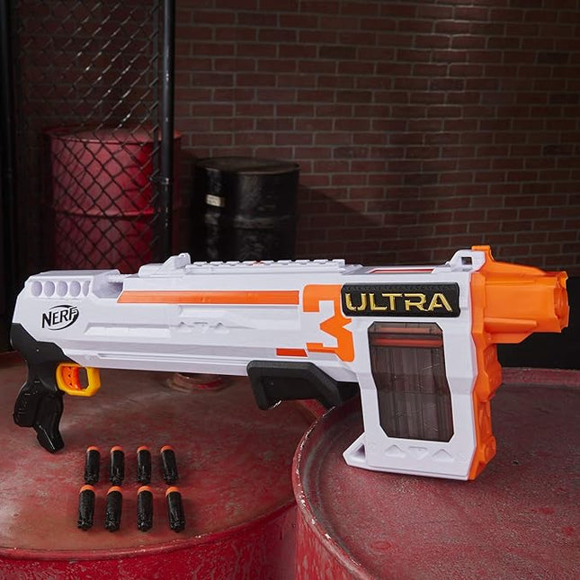Nerf Ultra Three Blaster, Pump-Action, 8-Dart Internal Clip, 8 Ultra Darts, Compatible Only Ultra Darts