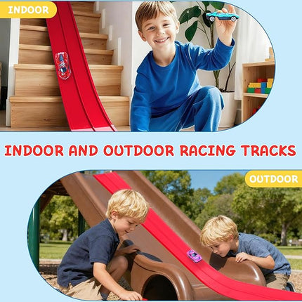 Flexible Race Car Ramp Track for Kids Toy 4 Small Race Cars and 8 Suction Cups Compatible with Hot Wheels and Diecast 1/64th Cars, Rolls Up Portable Racetrack for Ages 3 & Up (Red)
