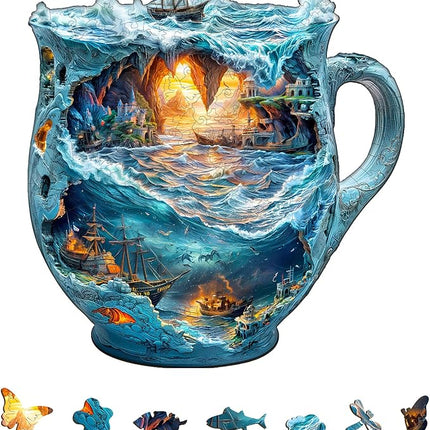 Wooden Puzzles for Adults, Wooden Jigsaw Puzzles for Adults Kids, Sea Navigation Mug Unique Shaped Wood Puzzles Adult, Creative Birthday Gifts for Friends Family Game(11.4 * 11.1in 180pcs)