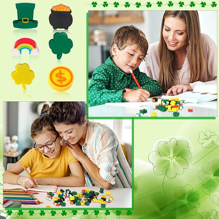 JUNEBRUSHS Erasers for Kids, 150Pcs St. Patrick's Mini Erasers Cute Pencil Erasers Shamrocks Erasers for Kids Bulk School Classroom Prizes Homework Rewards Party Favors