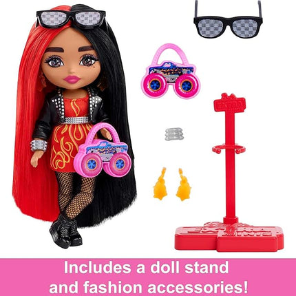 Barbie Extra Minis Doll & Accessories with Red & Black Hair Wearing Flame-Print Dress & Moto Jacket, 5.5-inch