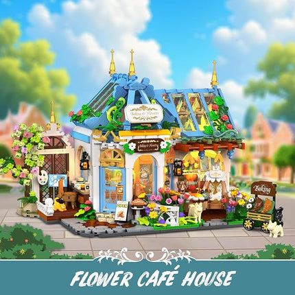 Flower Café House Building Set with LED, 1520 PCS Botanical Coffee Architecture with Openable Design, Floral Bakery Construction Model for Home Decor, Gift for Adults Women Teens Girl Boy 12+