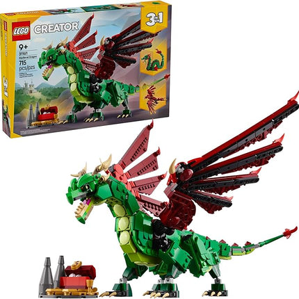 LEGO Creator 3 in 1 Medieval Dragon Toy - Building Toy with 3 Build Options, Dragon, Sea Serpent, or Phoenix - Fantasy Set for Kids, Boys and Girls, Ages 9+ - Gift Idea for Birthdays - 31161