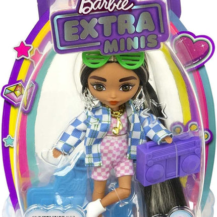 Barbie Extra Minis Doll #2 (5.5 in) Wearing Checkered 2-Piece Fashion & Jacket, with Doll Stand & Accessories Including Shutter Sunglasses and Boombox, Gift for Kids 3 Years Old & Up