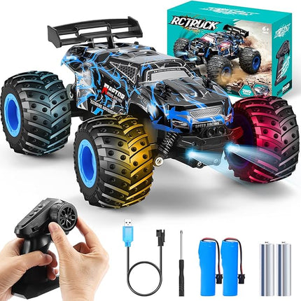 Remote Control Car, 1:18 Scale Rc Cars, All-Terrain RC Truck with LED Light, 20KM/H, Rechargeable, 2WD, 2.4GHz, Sturdy PVC Shell, Remote Control Truck for Boys 4-7 8-12, Beginner