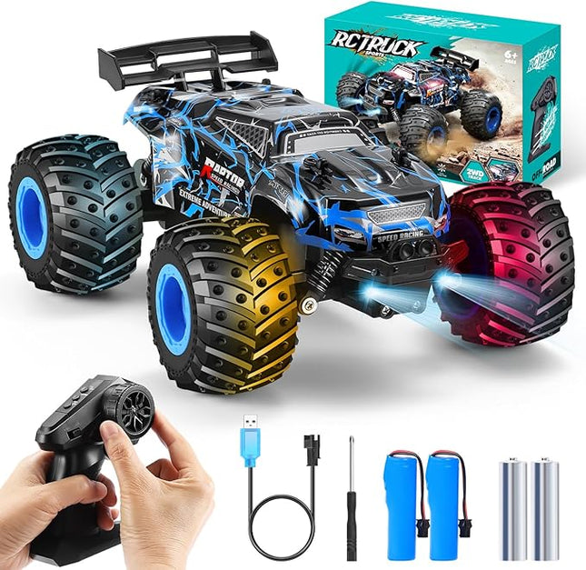 Remote Control Car, 1:18 Scale Rc Cars, All-Terrain RC Truck with LED Light, 20KM/H, Rechargeable, 2WD, 2.4GHz, Sturdy PVC Shell, Remote Control Truck for Boys 4-7 8-12, Beginner