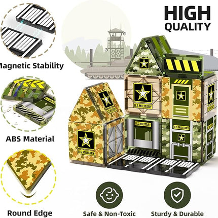 GobiDex Magnetic Tiles Army Toys, STEM Military Magnetic Building Blocks for Toddler Kids Ages 3-5 4-8, Sensory Magnet Construction Toys Birthday Gifts for 3+ Year Old Boys & Girls Army Men Playset
