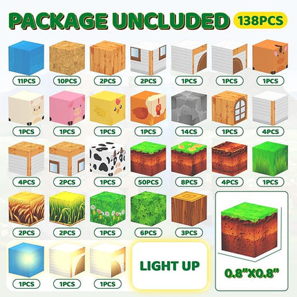Magnetic Blocks - 138 PCS Building Blocks Set with 3 Light-Up Blocks, STEM Construction Cubes Toys for Kids 4-8, Toddler Sensory Stacking Toys, Christmas Birthday Gift for Boys and Girls Ages 3+