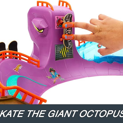 Hot Wheels Skate Octopus Skatepark Playset with Tony Hawk Fingerboard & Pair of Removable Skate Shoes, Includes Storage