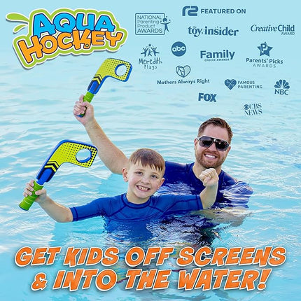 Fun Mini Hockey Sticks Game - Play at the Pool & Beach or in Home - For Kids & Adults All Ages - Use The Floating Soft Paddles to Shoot the Water Skipping Balls - Comes With 2 Sticks & 2 Balls