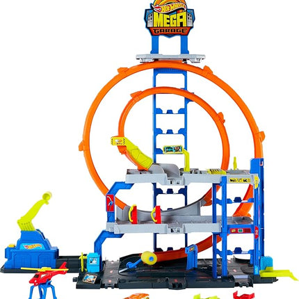 Hot Wheels Toy Car Track Set with Die-Cast Car & Helicopter, 2 Loops, Storage for 36 1:64 Scale Vehicles, Speed Snap Adapters, Mega Loop Garage