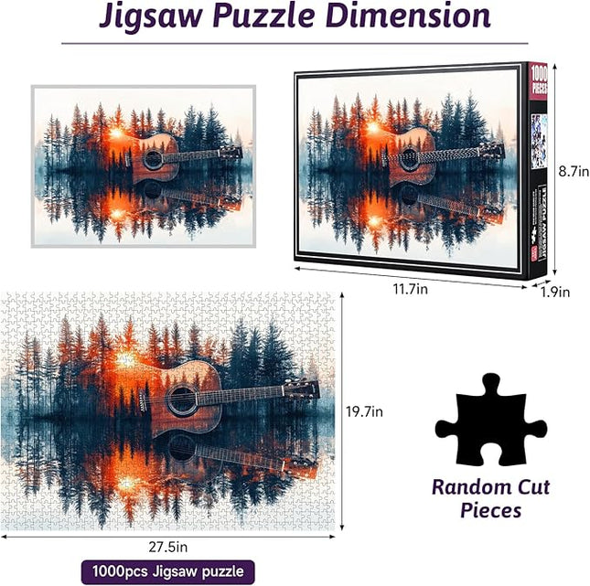 1000pcs Forest Guitar Jigsaw Puzzle - Large Paper Puzzle for Adults, Family Fun, Brain Teaser, DIY Decorative Gift, Print, Rectangular Shape, Adult Brain Teaser, Sunset Scenery Puzzle