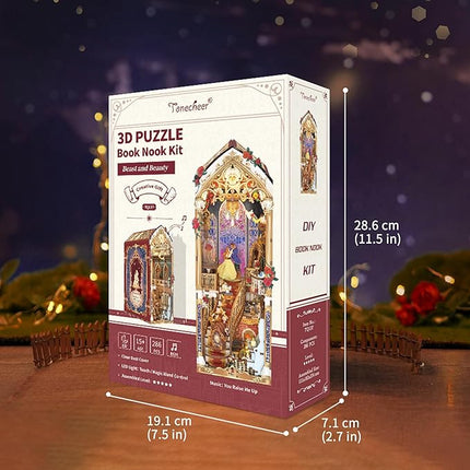 Tonecheer DIY Book Nook Kit for Adults, 3D Wooden Puzzle Music Booknook Miniature Dollhouse, Fairy Tale Bookend Bookshelf Decor with Dust Cover and LED Lights Gifts (Beast‌ and Beauty)