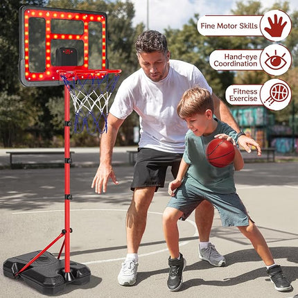 Kids Basketball Hoop Adjustable Height 3.5FT-6.2FT, Indoor Outdoor Toddler Basketball Hoop with LED Scoreboard, Boys Basketball Toy for 3 4 5 6 7 8 Years Gift, Portable Basketball Goals Sport Game