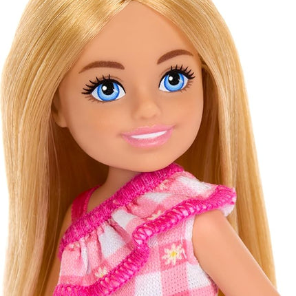 Barbie Chelsea Doll, Small Doll Wearing Removable Checked Dress & Pink Shoes with Blonde Hair & Blue Eyes
