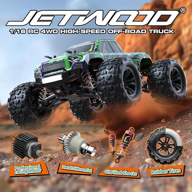 Jetwood 1/16 Fast Remote Control Car for Adults, Electric 4WD RTR RC Cars, High Speed RC Truck Gifts for Boys, Max 38 kph Offroad RC, JC16W with 2 Batteries