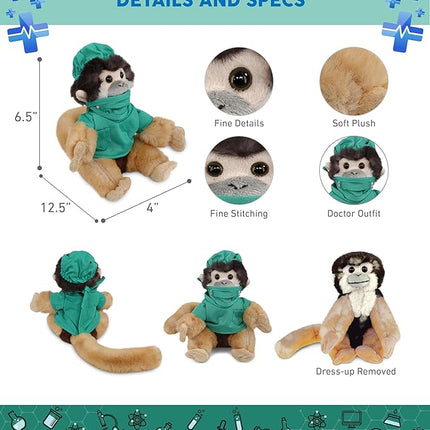 DolliBu Squirrel Monkey Doctor Plush Toy - Super Soft Squirrel Monkey Doctor Stuffed Animal Dress Up with Cute Scrub Uniform and Cap Outfit with Personalization - 12.5 Inch