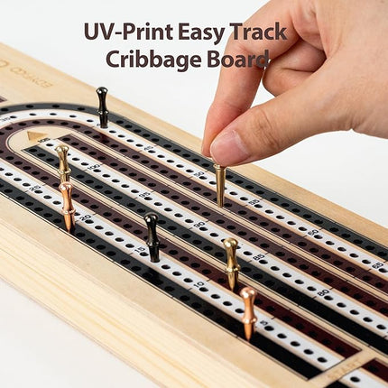 Cribbage Board Game Set, 3-Track Premium Wooden Cribbage Board with Magnetic Lock & Large Storage, 9 Metal Pegs, 2 Decks of Playing Cards - Classic Board Games for Adults Family (Instruction Include)