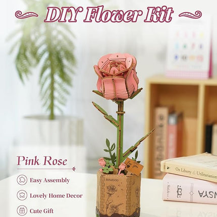 rowood Artifical Flower,Wood Flower Building Toy Set,Mother's Day/Valentine's Day/Teacher's Day/Thanksgiving Day/Christmas/Birthday Gift for Mom/Women/Grandma/Wife/Her-Pink Rose, TW041