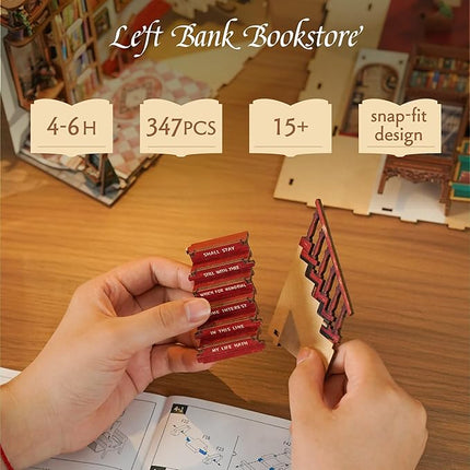 Tonecheer DIY Book Nook Kit for Adults, 3D Wooden Puzzle Bookend Bookshelf Insert Library Bookstore Model Decor, Booknook Miniature Dollhouse with Sensor LED Light for Gifts (Left Bank Bookstore)