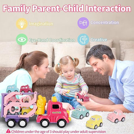 Toddler Girls Cars for 1 2 3 4 5 Year Old,7-in-1 Pink Princess Foldable Transport Carrier Trucks with Lights and Music,Birthday Presents for 1-3 3-5 Yrs Old Babys